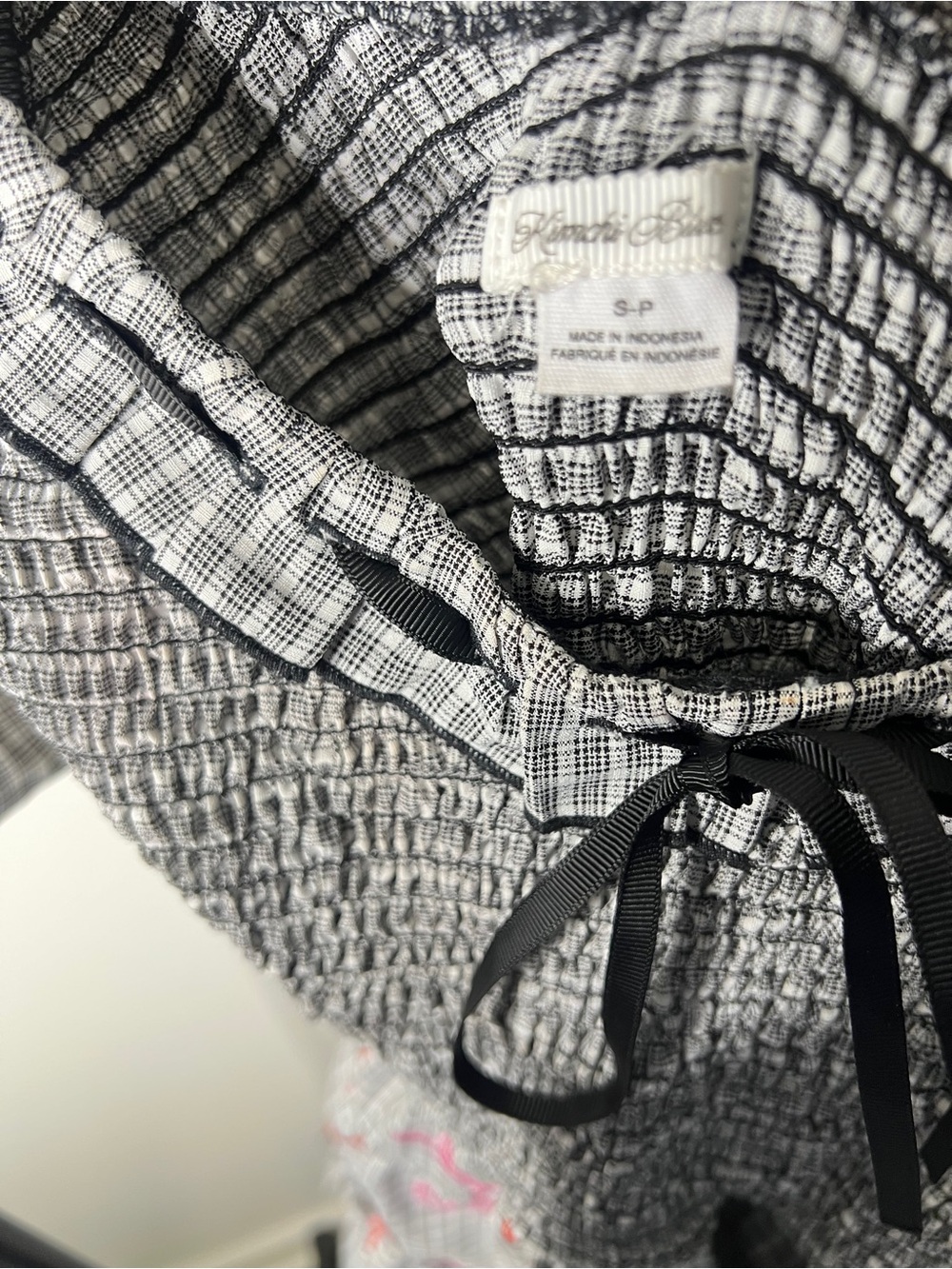 Free People Black and White Smocked Gingham Mini Dress with Black Ribbon - Picture 4 of 4